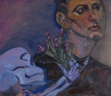 Offering flowers to skeleton